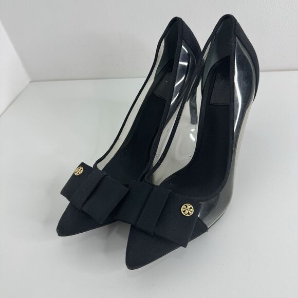 Tory Burch Black Aimee Grosgrain Fabric Pumps Heels Bow Pointed Logo Charm 7 - Picture 1 of 12